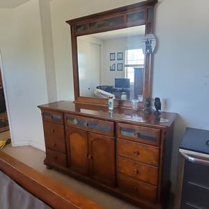 Queen bed frame, side dressers and mirror dresser